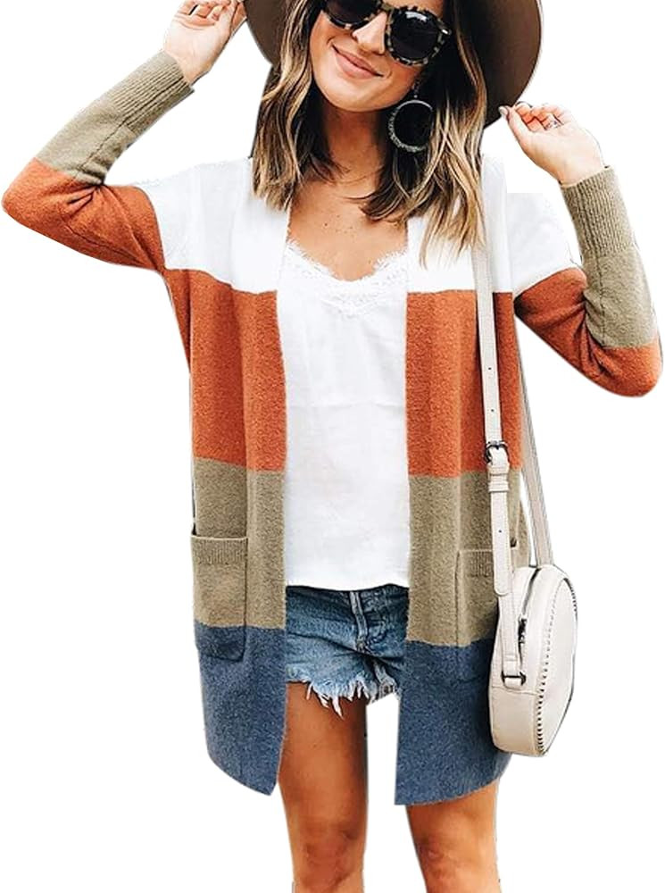 ECOWISH Womens Cardigan Color Block Striped Draped Kimono Cardigans Long Sleeve Open Front Casual... | Amazon (US)