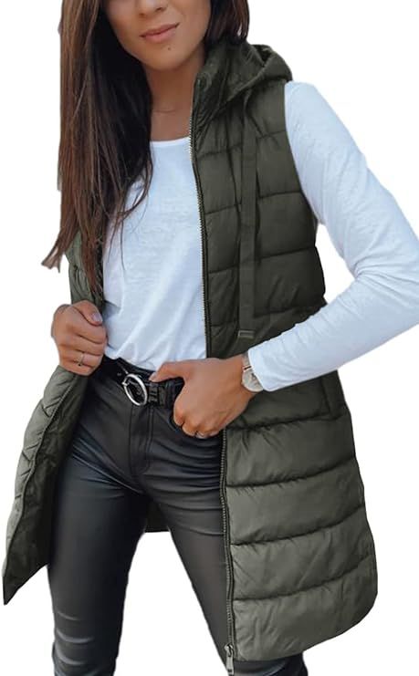 Veatzaer Women Long Vest Solid Color Sleeveless Hood Winter Puffer Vest Outwear | Amazon (US)