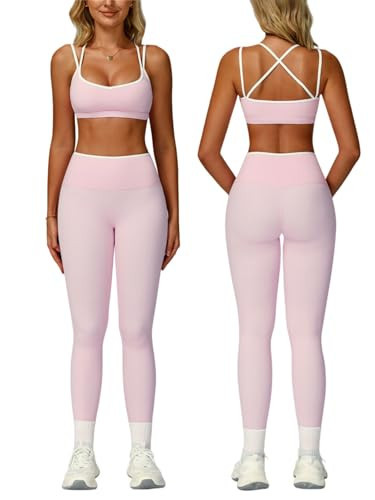 ABOCIW Workout Sets for Women 2 Piece Gym Set Color Block Strappy Sports Bra High Waist Tummy Control Leggings Yoga Pilates Outfits Athletic Work Out Clothes Pink Small | Amazon (US)