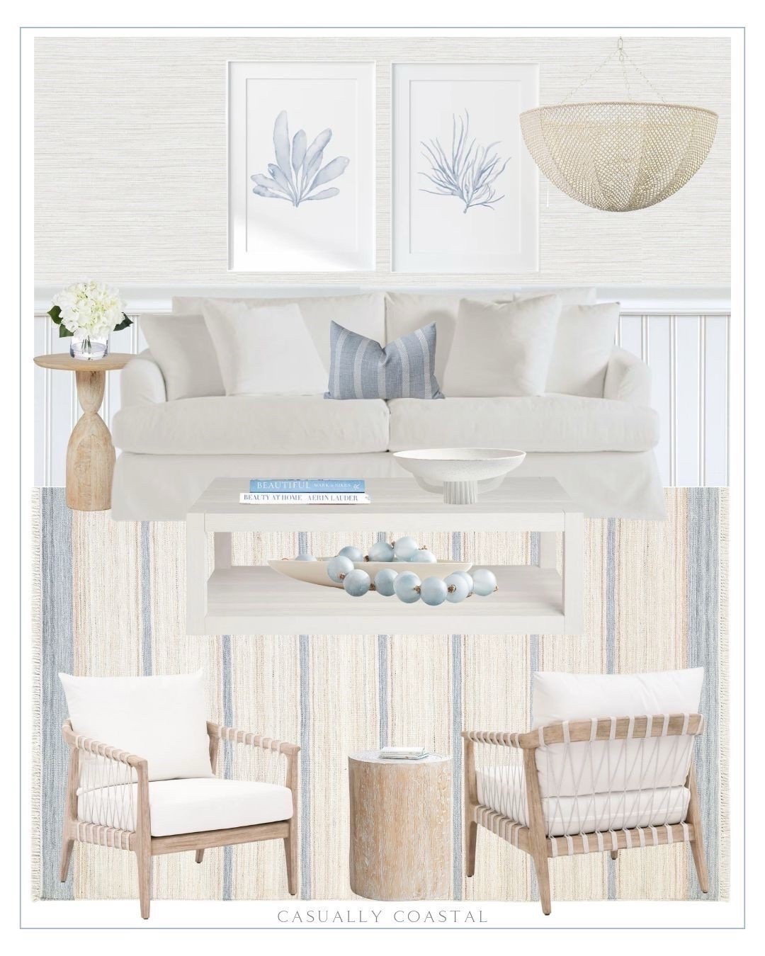 Coastal Living Room Design! The couch is available in two sizes (both with performance fabric), and is currently on sale! I also recently ordered this striped rug for my guest room. It's a performance rug and meant to go outdoors but can definitively be used indoors as well. A perfect rug for a high-traffic area such as a living room! 
-
Beachy living room, light and airy living room, coastal style, beach house living room, lake house living room, living room ideas, coastal home decor, coastal decor, coastal rug, living room rug, striped rug, outdoor rugs, performance rugs, 5x8 rugs, 8x10 rugs, 9x12 rugs, 10x14 rugs, bedroom rugs, oversized rugs, pottery barn rugs, high traffic rugs, coastal sofa, coastal couch, white couch, slipcover couch, couch with performance fabric, beach house couch, coastal chairs, living room chairs, living room seating, coastal wall art, coastal wall decor, coral wall art, art set, living room art, coastal pillows, coastal side table, living room side tables, coastal wallpaper, slipcovered sofa, striped rug, outdoor performance rug, pottery barn rug, white wood beaded inverted dome chandelier, coastal chandelier, living room lighting, large chandeliers, round pedestal side table, upholstered armchair, wayfair chairs, rectangular coffee table, 2 tier coffee table, Etsy pillows, striped pillow cover, wayfair wallpaper, grasscloth wallpaper, coastal wallpaper, muted blue corals, seaweed painting, blue & white artwork, artwork set, artificial hydrangea flowers, faux flowers, oversized sea glass garland, coffee table decor, white decorative bowl, coffee table bowl, wood stump side table, coastal books, Amazon decorative books, amazon coffee table books,  shell vase filter, bowl filler

#LTKHome #LTKSaleAlert