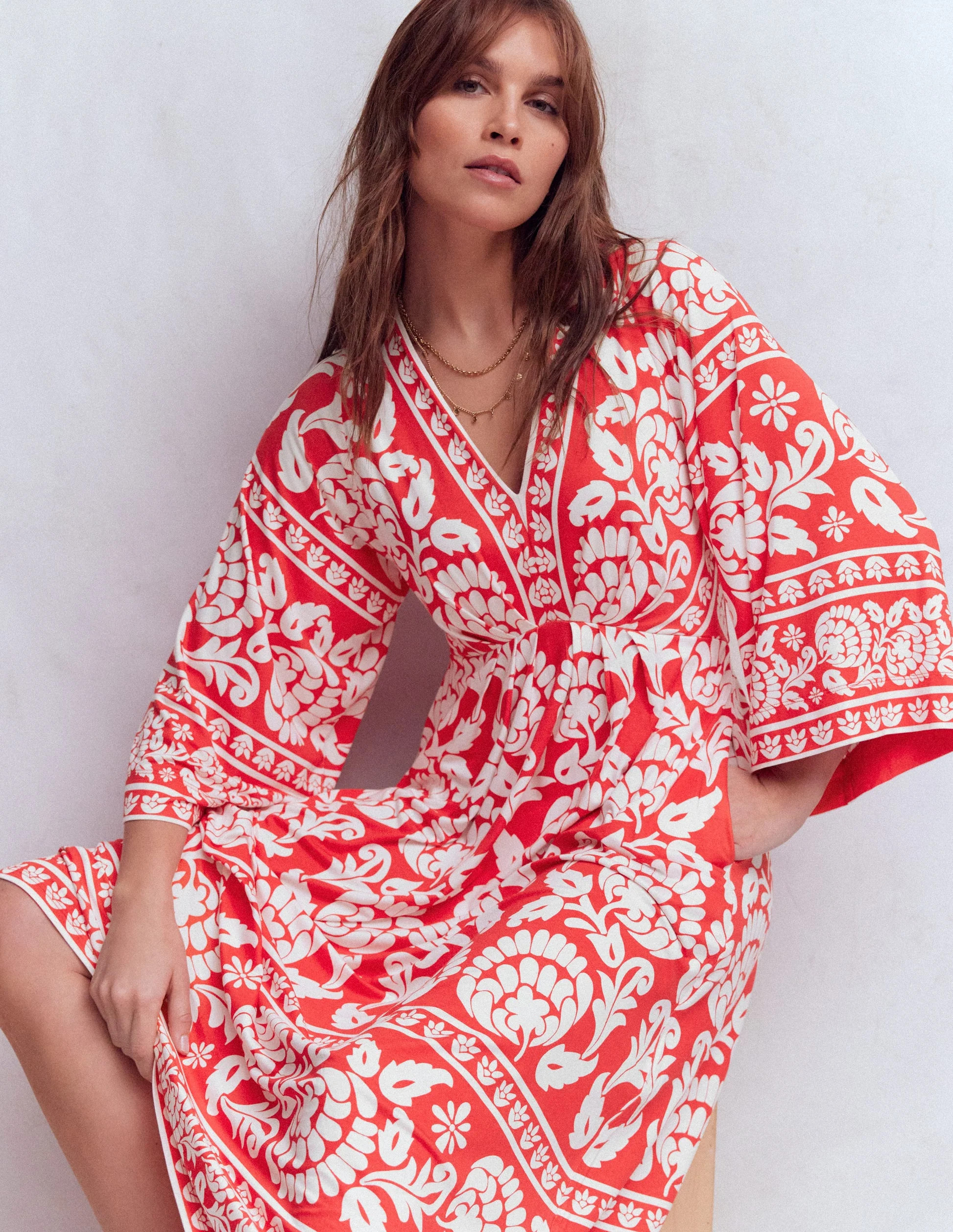 Nell Kimono Midi Jersey Dress-Bright Cherry, Ornate Floret | Boden (US)