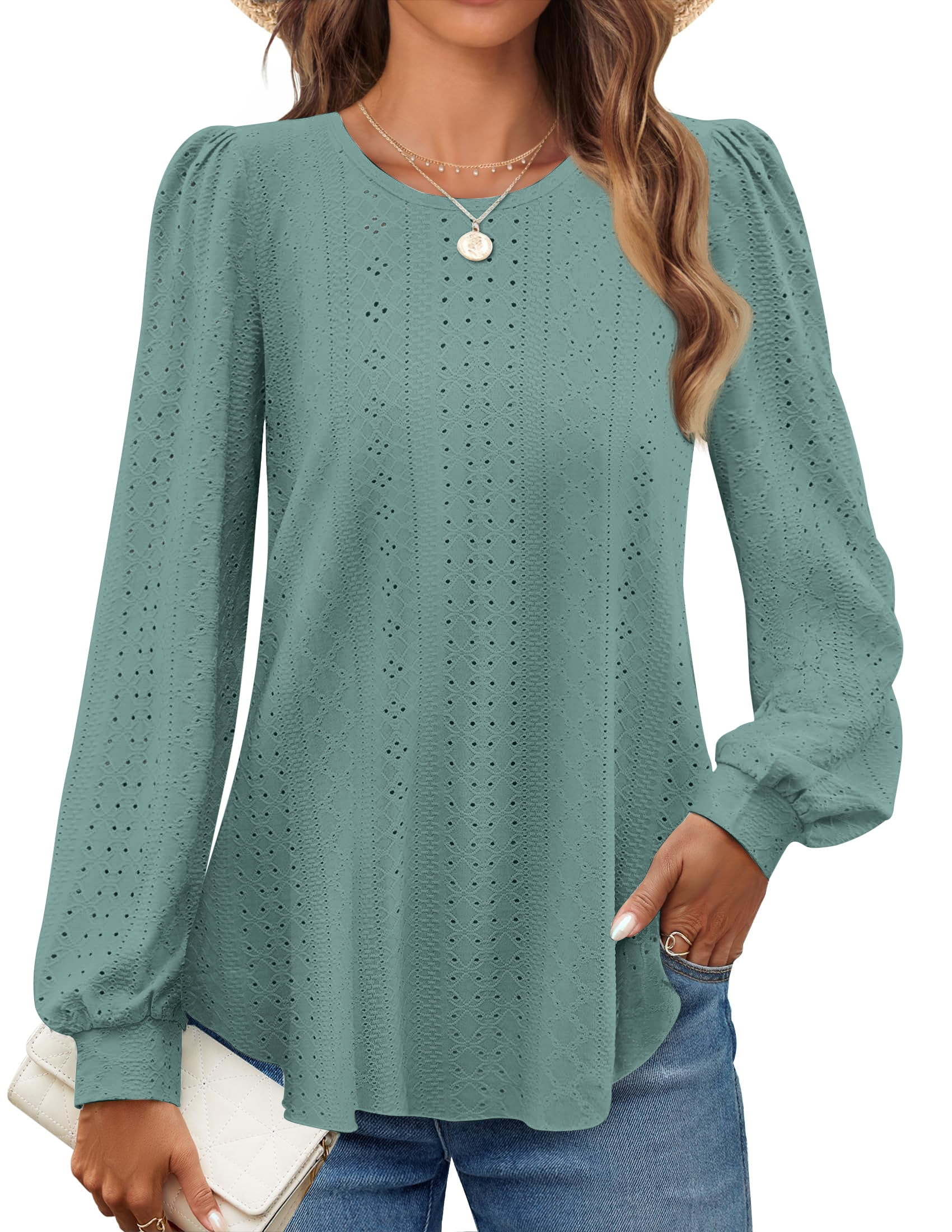 Fantaslook Eyelet Blouses for Women Dressy Casual Long Sleeve Shirts Crew Neck Fall Trendy Tops | Walmart (US)