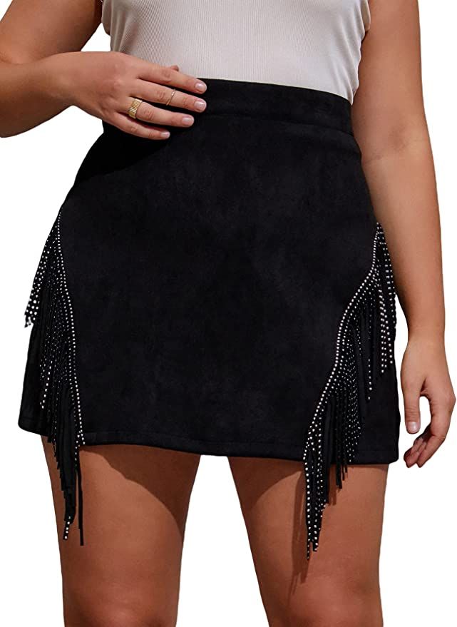 SheIn Women's Plus Fringe Suede Mini Bodycon Skirt Rhinestone High Waist A Line Short Skirts | Amazon (US)