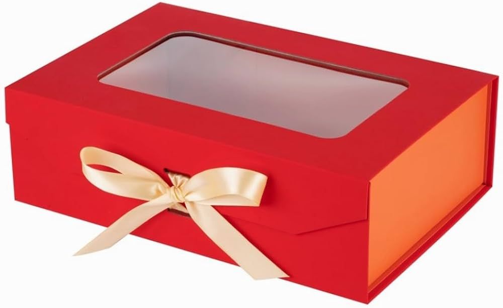 Red Gift Box for Presents with Ribbon 10.8x7.5x3.5 Inches Clear Gift Box with Window Magnetic Clo... | Amazon (US)