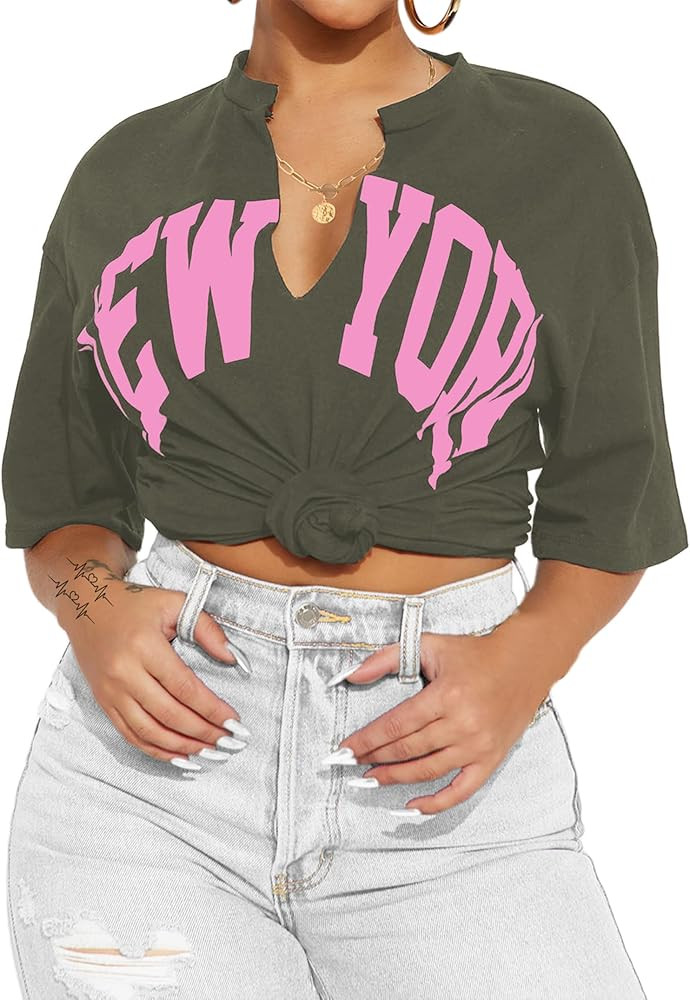 LovelyWholesale Womens Graphic Tees V Neck Short Sleeve T Shirt Loose Casual Summer Tops | Amazon (US)