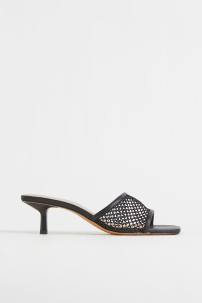 Slip-on sandals in faux leather. Wide foot straps in chunky mesh and kitten heels. Faux leather l... | H&M (US + CA)