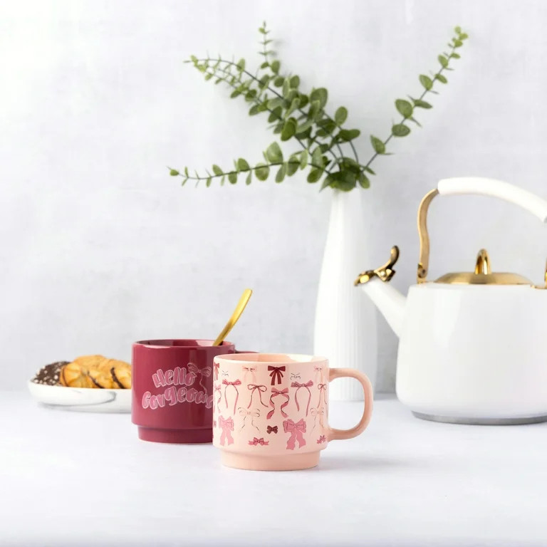 Thyme & Table 2 Pack Stacking Hello Gorgeous and Pink Bows Mugs 14.2 fl oz, Stoneware | Walmart (US)