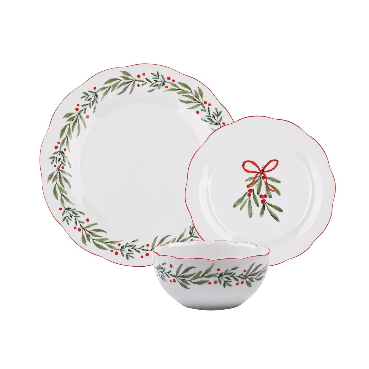 HOLIDAY TIMES 12 PIECES RED/GREEN HOLLY SCALLOPE SHAPE PORCELAIN DINNERWRE SET (SERVVICES FOR 4 )... | Walmart (CA)