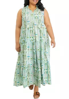 Crown & Ivy™ Plus Size Ruffle Neck Printed Midi Dress | Belk