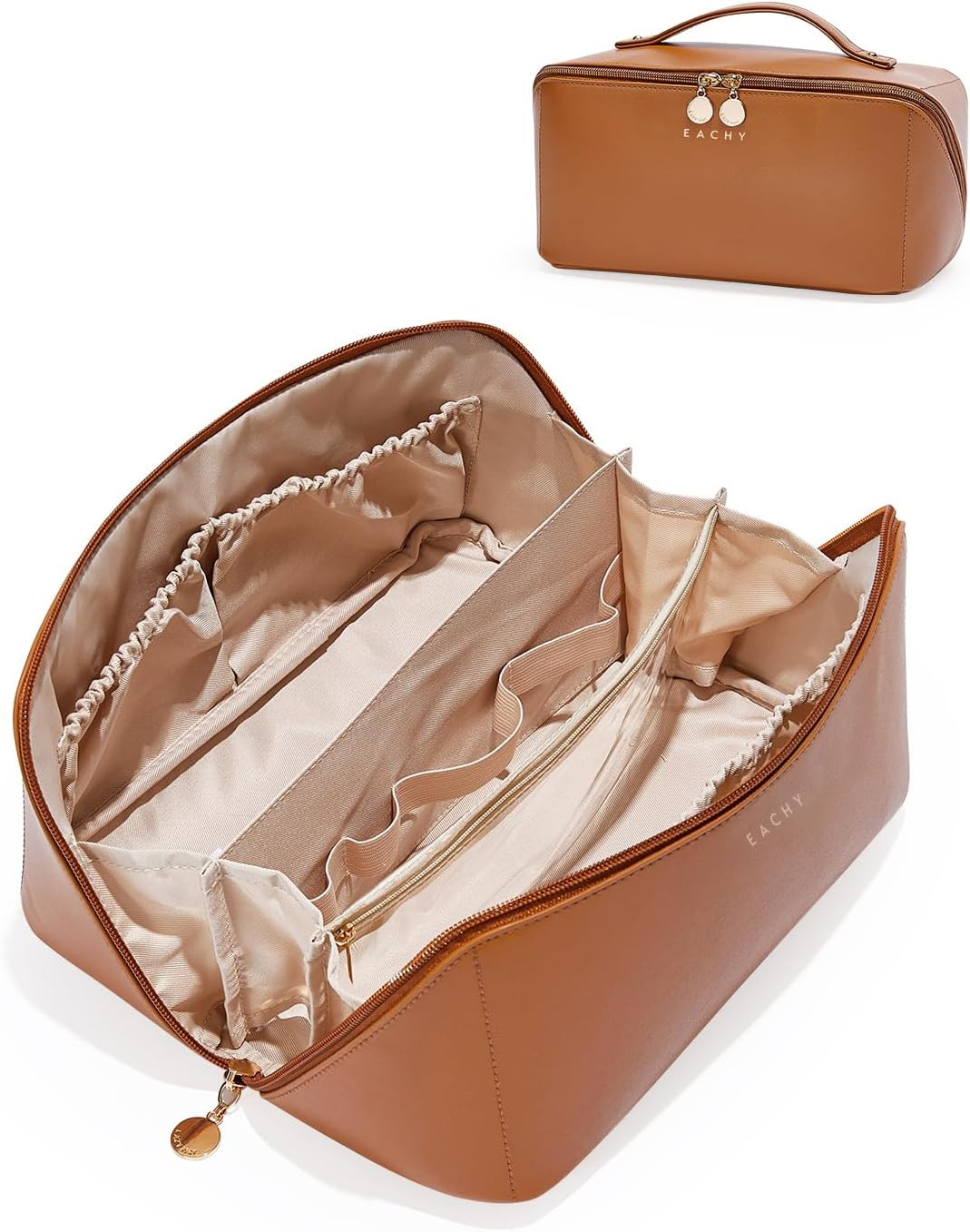 EACHY Travel Makeup Bag for Women, PU Leather Cosmetic Bag, Brown, Large | Amazon (US)