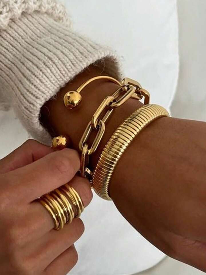 3PCS Golden Bangles For Women Chunky Stretch Multi Layer Stacked Metal Chain Bangles Bracelets Fl... | SHEIN