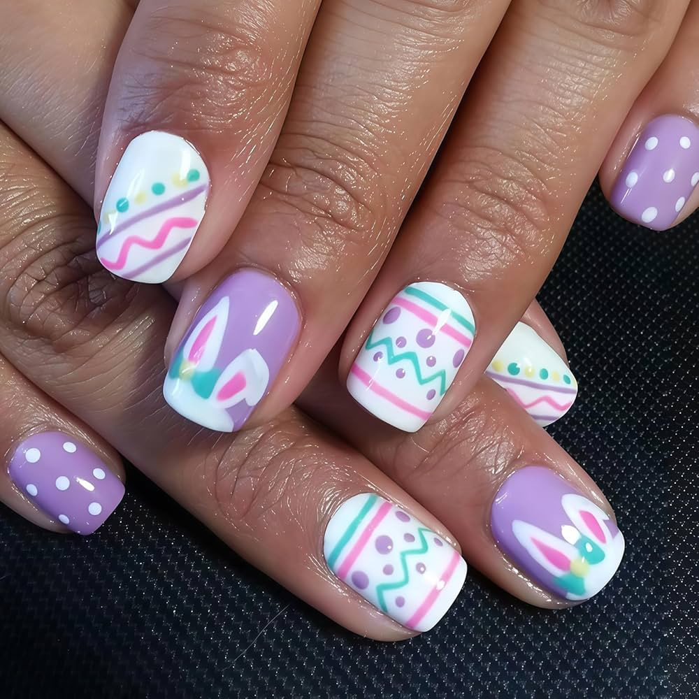 Purple Easter Press on Nails - Short Square Fake Nails with Cute Rabbit | Polka Dot | Colorful Ea... | Amazon (US)