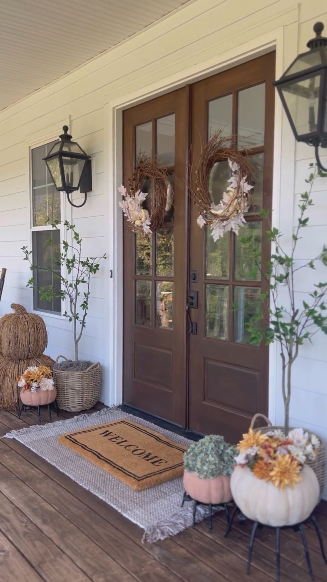 🍁My 2024 Fall Porch…part 1! Follow along for more!🍁

Last year’s fall porch was my fave! Instead of just decorating the doors, I did the whole porch and went all out…planning to do the same this year, maybe next week! Follow along as I reshare the rest of last year’s porch and stay tuned to see what I have planned for this year!

These are my three easy steps to get your front door ready for the season:

1. Layer a neutral scatter or jute rug and welcome mat. For double doors, I usually go with a 4x6 or 3x5 rug!

2. Add baskets or planters in varying textures and fill with trees and mums...don’t be afraid to mix faux and live plants!

3. Top it off with fall wreaths and a few pumpkins! (Bonus points if they light up!🤩)

#LTKSeasonal #LTKHome #LTKStyleTip