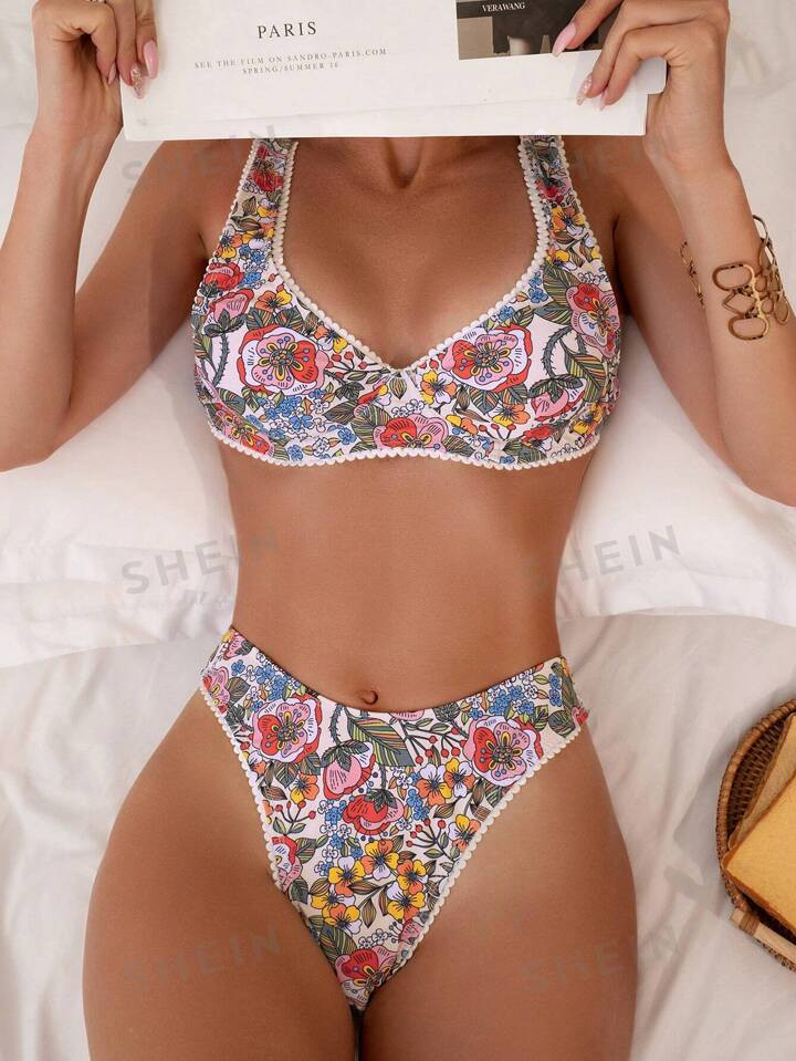 SHEIN Swim Mod Summer Beach Randomly Printed Lace Two Piece Swimsuit Set | SHEIN USA | SHEIN