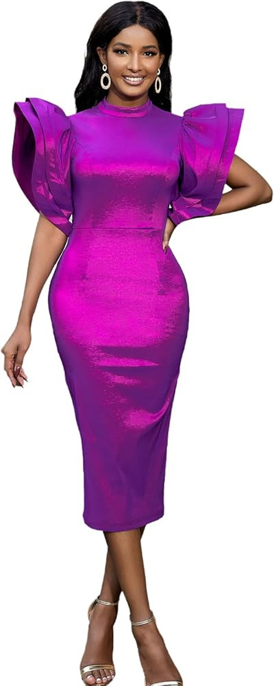 AOMEI Women's Shiny Short Flare Sleeve Backless High Waist Bodycon Midi Dress | Amazon (US)