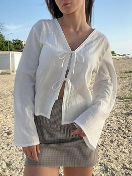 Chvity Tie Front Tops for Women Y2K Linen Shirts Flare Sleeve V Neck Going Out Coquette Clothes C... | Amazon (US)
