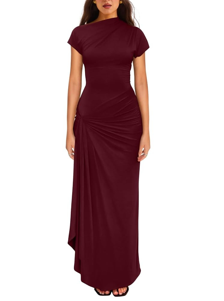 YMDUCH Women's Casual Short Sleeve Boat Neck Ruched High Split Bodycon Long Party Dress | Amazon (US)
