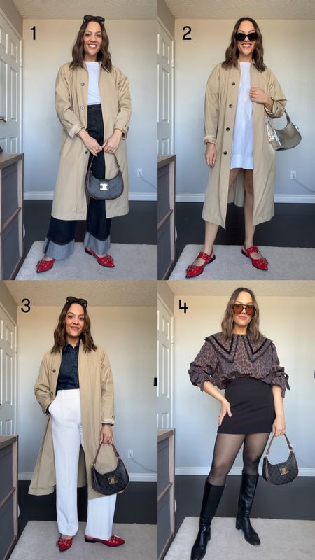 Spring outfit ideas! Details below:

Trench in all is the Aritzia Diana coat. A single breasted tan overcoat. I have a medium. 

Red shoes are the Steve Madden Graya flats. Red pointed toe buckled flats. Fit true to size.  

Outfit 1:
-Uniqlo white T-shirt. I have a large. 
-Banana Republic black cuffed wide leg jeans. I have a 29. 
-Celine Triomphe sunglasses. 
-Celine Ava bag. 

Outfit 2:
-Anthropologie white a-line poplin mini dress. I have a medium. 
-Ganni silver shoulder bag. 

Outfit 3:
-Madewell denim button up shirt. I have a medium. 
-Aritzia white high rise tailored trousers. I have a size 10. 

Outfit 4:
-Black mini skirt
-H&M black sheer tights, I get size large 
—Black knee high leather boots. 
-Leopard print top from Damson Madder


#LTKSeasonal #LTKstyletip #LTKfindsunder100