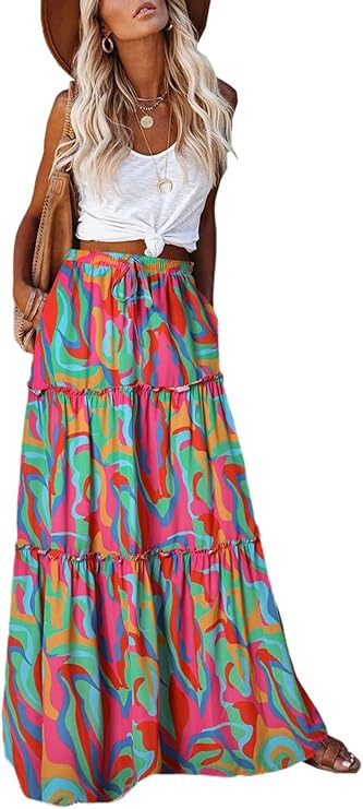 EARKOHA Womens Boho Maxi Skirt 2026 Summer Cruise Casual High Waist Tie Flowy Long Skirt with Poc... | Amazon (US)