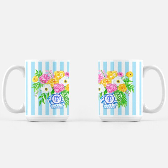 Floral Mug Chinoiserie Blue White Stripe Ginger Jar Vase Flower Arrangement Roses Peony Preppy Pa... | Etsy (US)