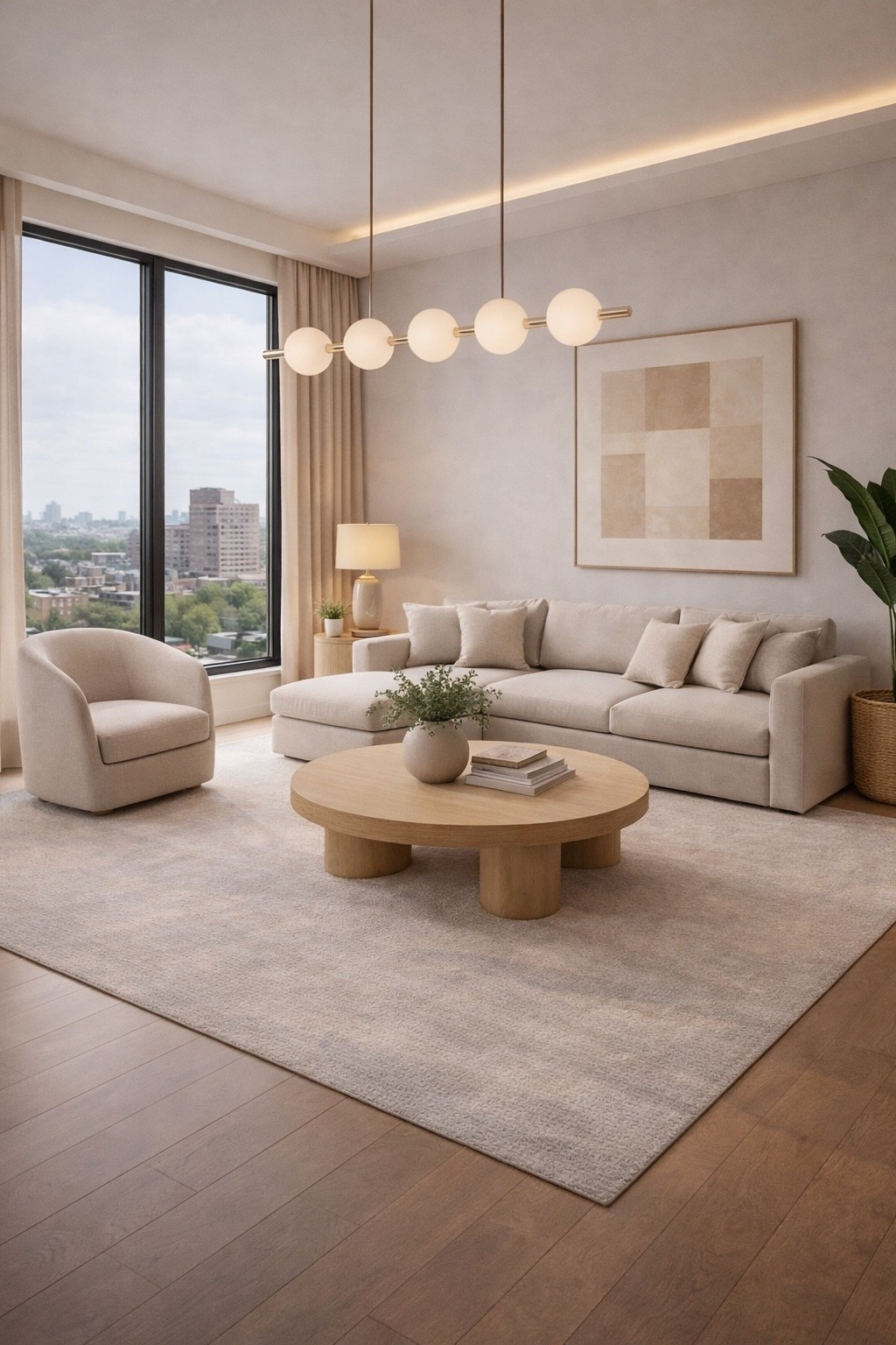A modern living room styled in soft beige tones with a round wooden coffee table, cozy sectional sofa, and warm pendant lighting.
Large windows bring natural light and city views, creating a calm, elegant, and inviting atmosphere.
Perfect inspiration for modern apartments, luxury interiors, and neutral home design lovers.
#modernlivingroom
#neutralhome
#beigelivingroom
#moderninterior
#softmodern
#livingroominspo
#roundcoffeetable
#sectionalsofa
#luxuryhome
#cityview
