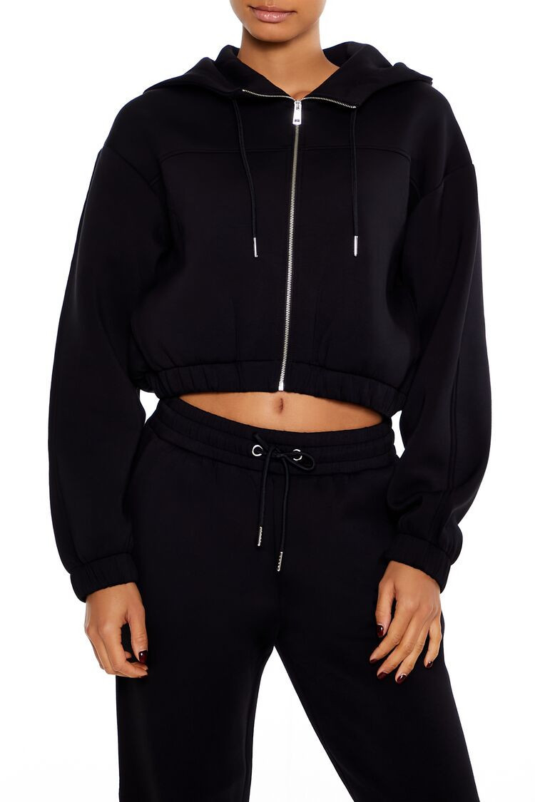 Women's Drop-Sleeve Cropped Zip-Up Hoodie in Black Small | Forever 21