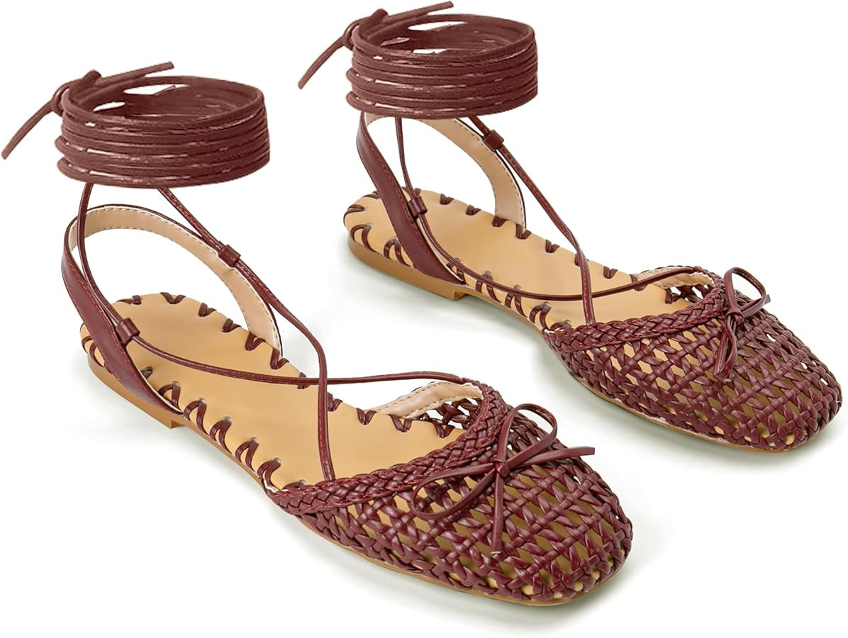 Woven Ballet Flats for Women Lace Up Closed Square Toe Summer Flats Shoes | Amazon (US)