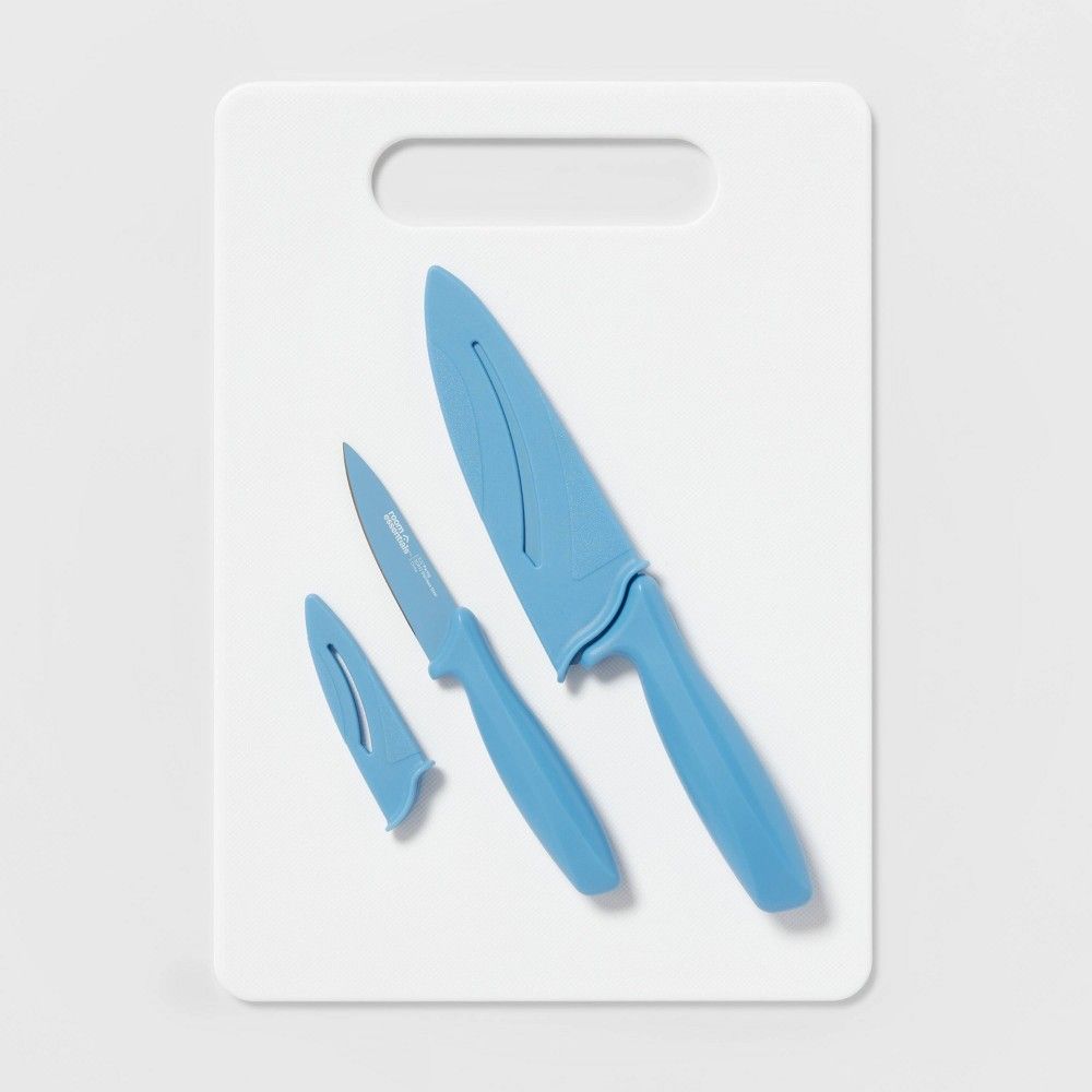 10""x14"" Poly Cutting Board and 2pc Knife Set Blue - Room Essentials | Target