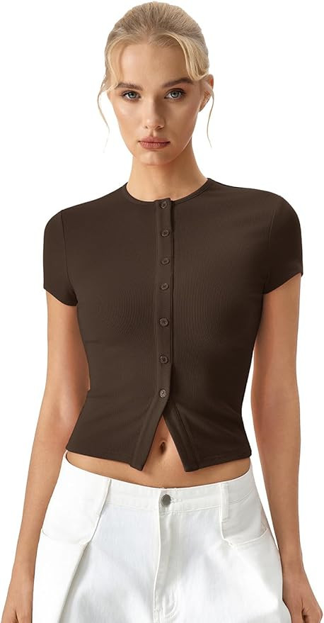 QINSEN Women's Crewneck Short Sleeve T Shirts Ribbed Button Going Out Trendy Tops | Amazon (US)