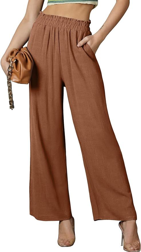 DOUBLJU Women's Casual Elastic Waist Comfy Wide Leg Linen Pants with Pockets | Amazon (US)