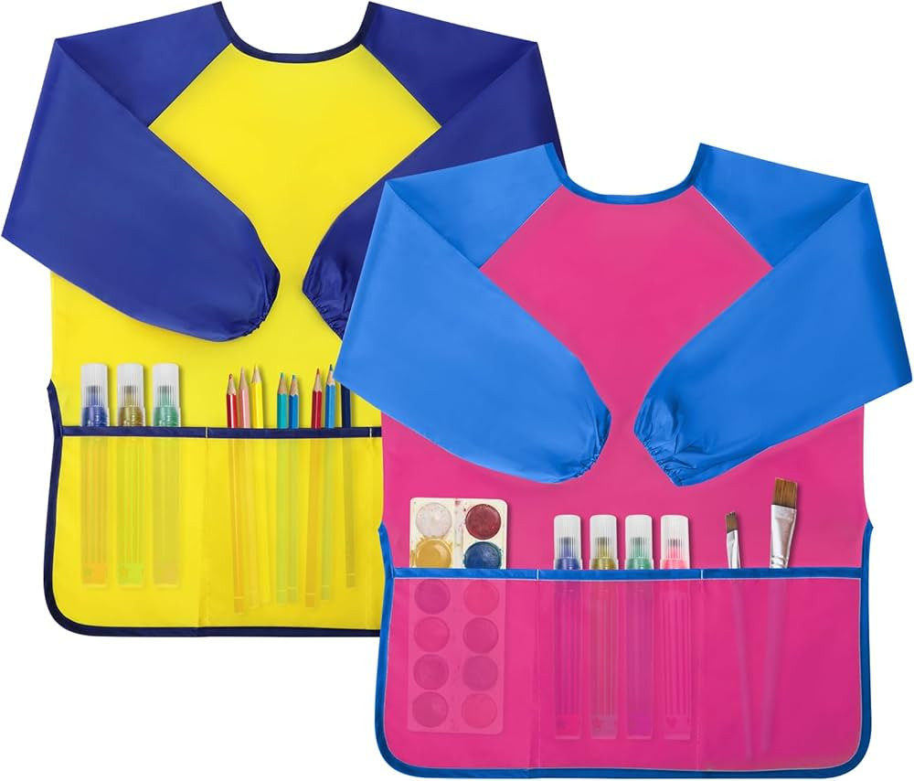 Kids Painting Apron 2 Pack, Waterproof Toddler Art Smock, Artist Smock for Kids Age 2-8 with Long... | Amazon (US)