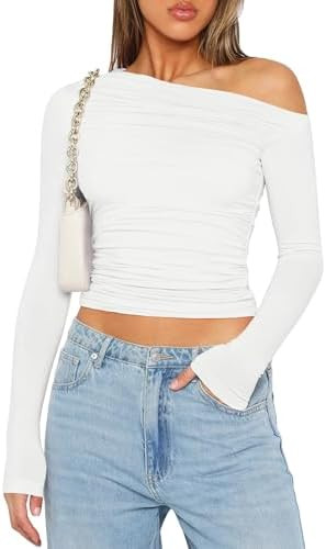 Zeagoo Womens Long Sleeve Off The Shoulder Casual Crop Tops Boat Neck Going Out Slim Fit Y2K T Sh... | Amazon (US)