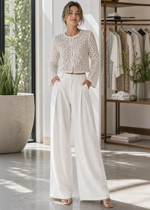 Arlan Pleated Wide Leg Trousers - White | Benaar La