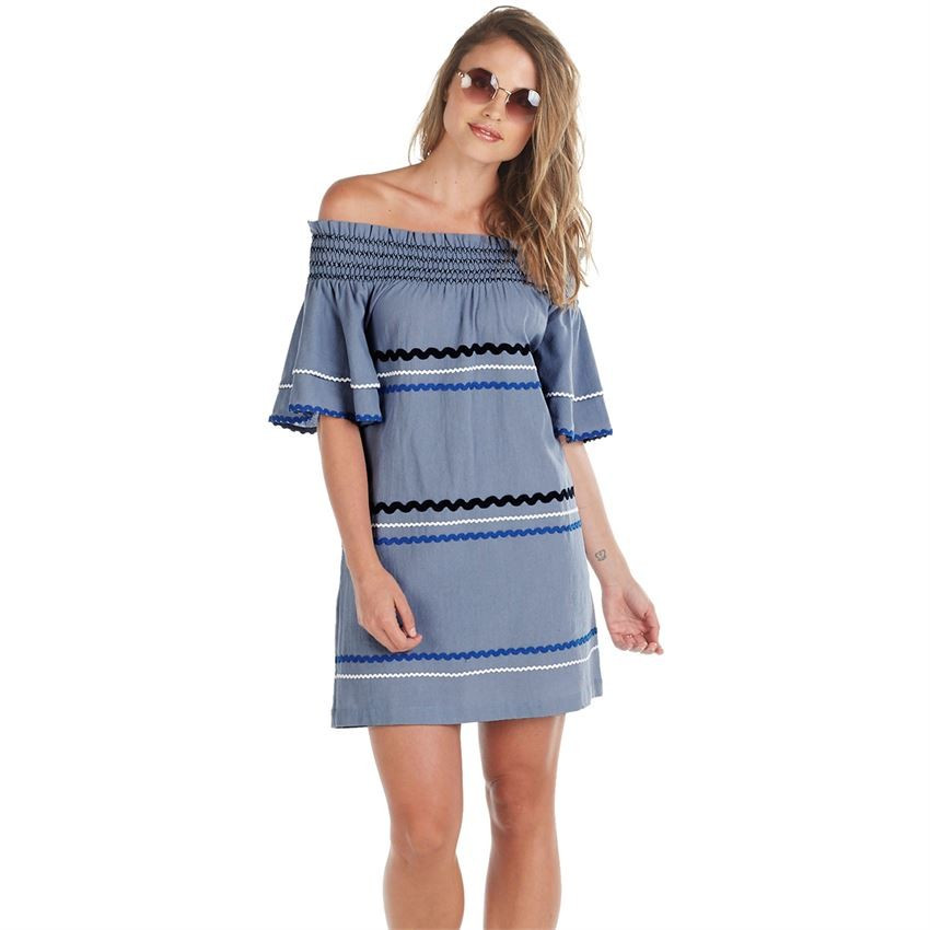 Finnigan Off-The-Shoulder Ric-Rac Dress In Stonewash Blue | Mud Pie (US)