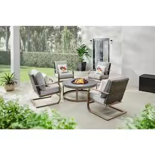 Hampton Bay Hampshire Place 5-Piece Steel Wicker Patio Fire Pit Set with CushionGuard Stone Gray ... | The Home Depot