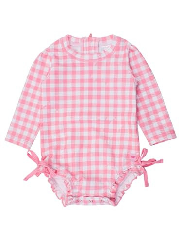 RuffleButts Baby Girls UPF 50+ Sun Protection Gingham Printed Long Sleeve One Piece Rash Guard Swimsuit with Zipper - Bubblegum Pink Gingham, 0-3m | Amazon (US)