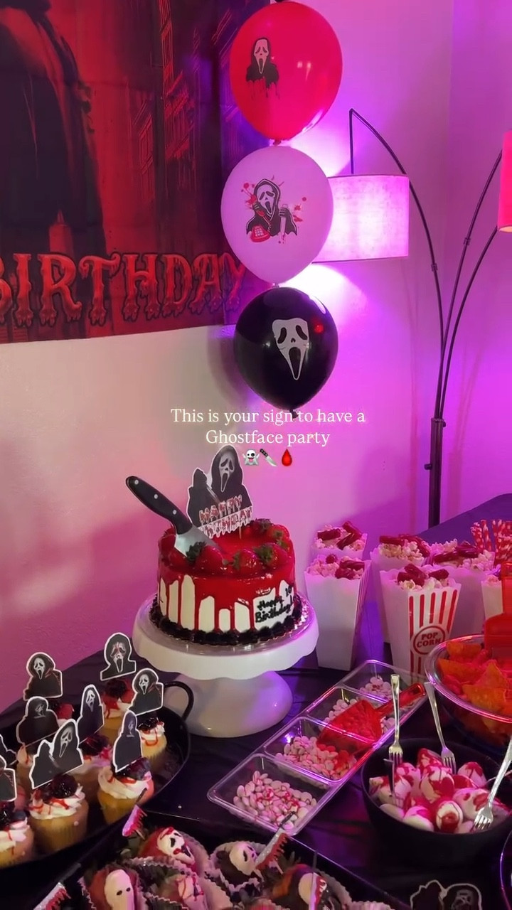 Best theme imo 👻🔪🩸
You can find most of what we used to decorate in my LTK 

#spookyseason #spookyszn #halloweenvibes #screammovie #ghostface #ghostfacebirthdayparty #ghostfacecake #horrorjunkie #summerslashervibes  #summerslasher #birthdayideas #themedbirthday