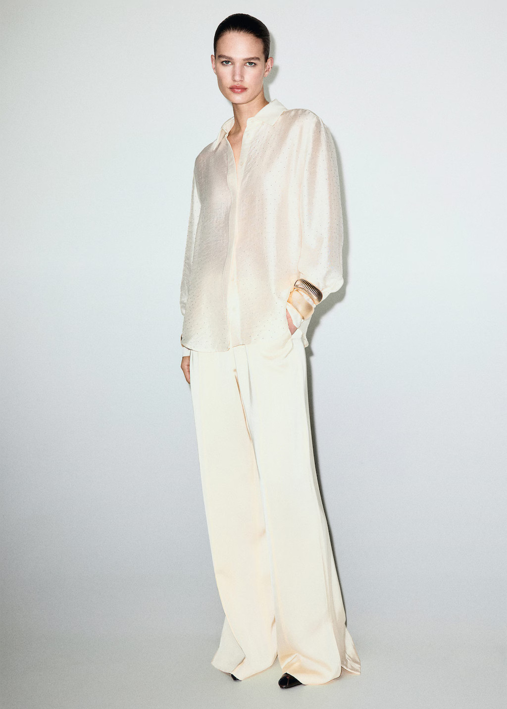 Satin shirt with rhinestones beige - Woman - 10 - MANGO | MANGO (UK)