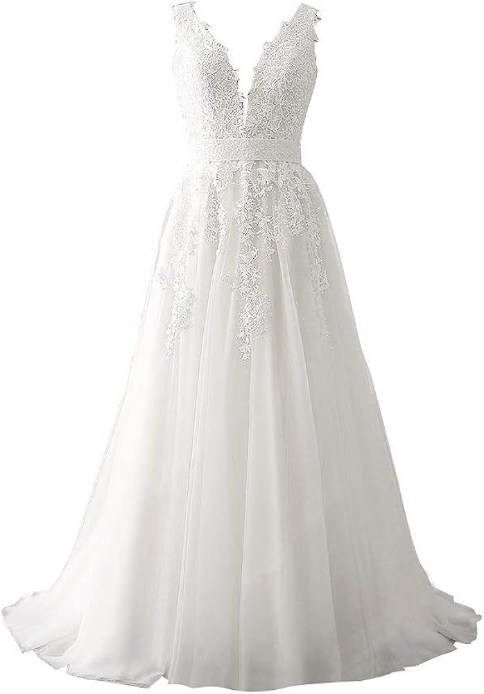 Abaowedding Women's Wedding Dress for Bride Lace Applique Evening Dress V Neck Straps Ball Gowns | Amazon (US)