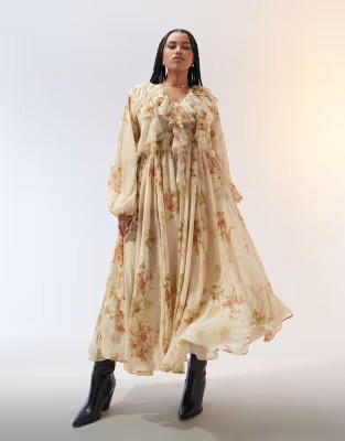 ASOS EDITION Curve chiffon raw edge ruffle maxi dress with drawstring waist in cream floral print | ASOS (Global)