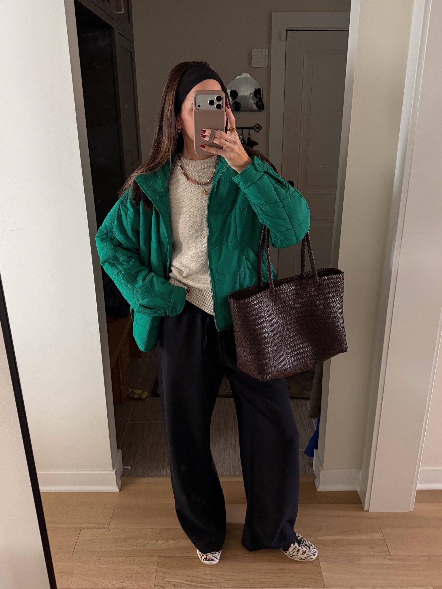 Morning appointments 💆🏻‍♀️🦷 💚 
Jacket: get your true size (runs big!) I’m in a M but wish I did a S
Sweater (100% cotton!): sized up (M) 
Lodge pants: true to size, but I did size up to a M in this black pair for added length 
Sneakers: size down 

#LTKSaleAlert #LTKootd #LTKmomlife