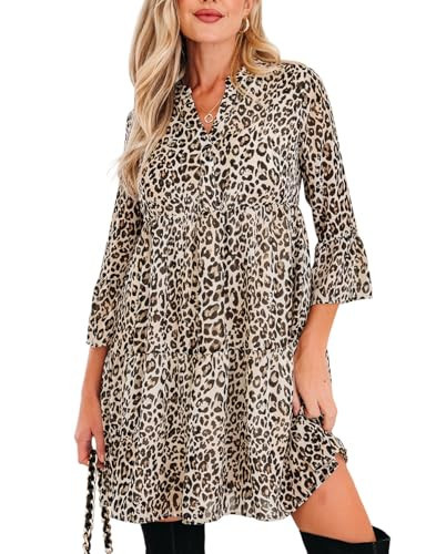 Apvirdy Womens Leopard Print Dress 3/4 Sleeve V Neck Swing Mini Dresses Short Cheetah Print Dress Summer | Amazon (US)