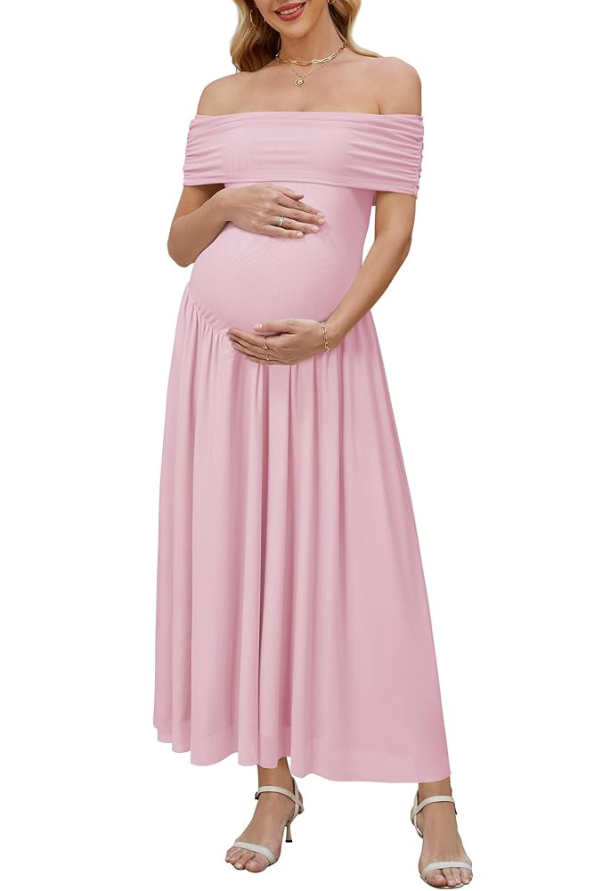 OUGES Women's 2025 Off The Shoulder Mesh Maxi Maternity Dress for Photoshoot Baby Shower Sleevele... | Amazon (US)