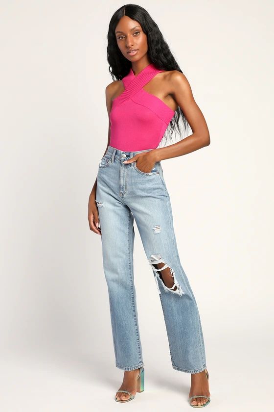 Sundaze Medium Wash Distressed Denim High Rise Dad Jeans | Lulus (US)