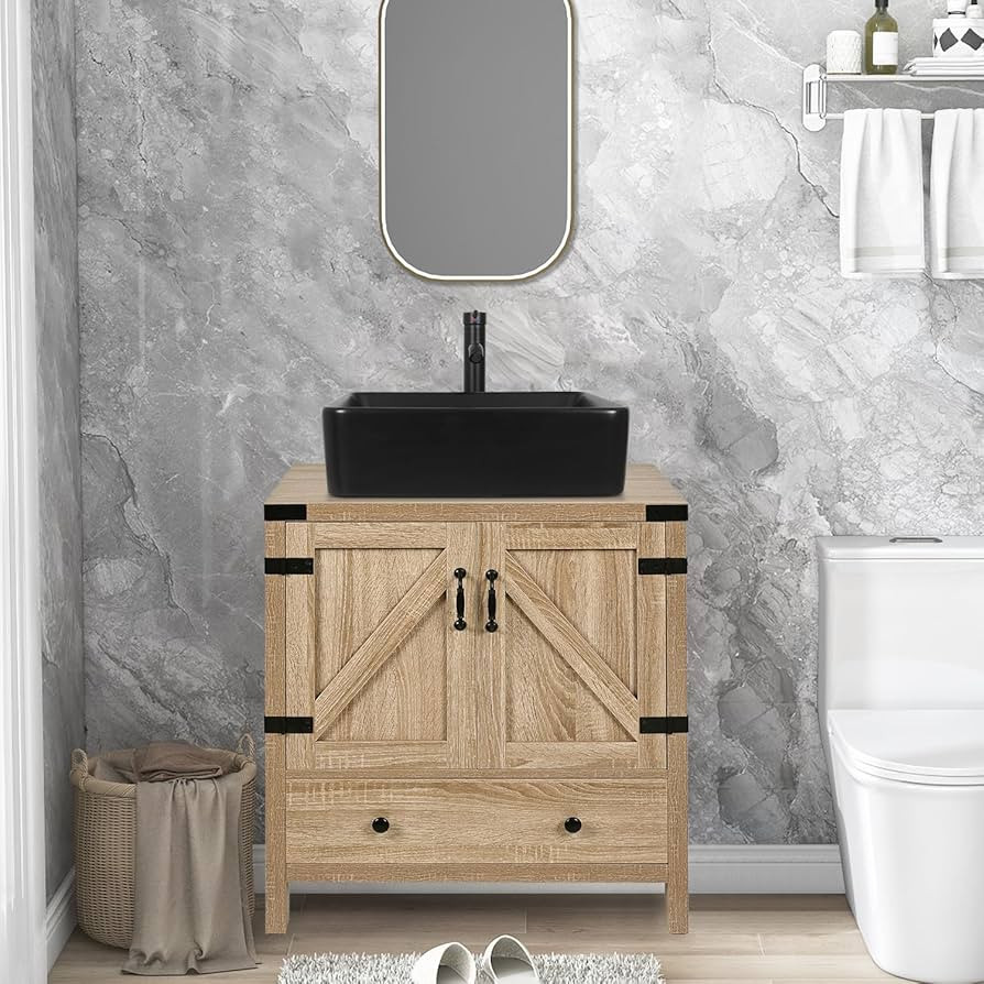 28 inch Natural Color Bathroom Vanity, Rustic Fixture Standing Pedestal Cabinet with Black Cerami... | Amazon (US)