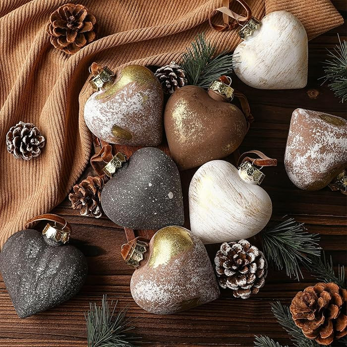 12 Pcs Neutral Texture Heart Christmas Ornaments 3.54 Inch Antique Rustic Brown Xmas Bulbs Orname... | Amazon (US)