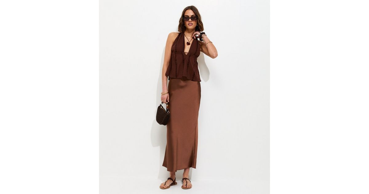 Women's Dark Brown Satin Bias Cut Midi Skirt New Look | New Look (UK)
