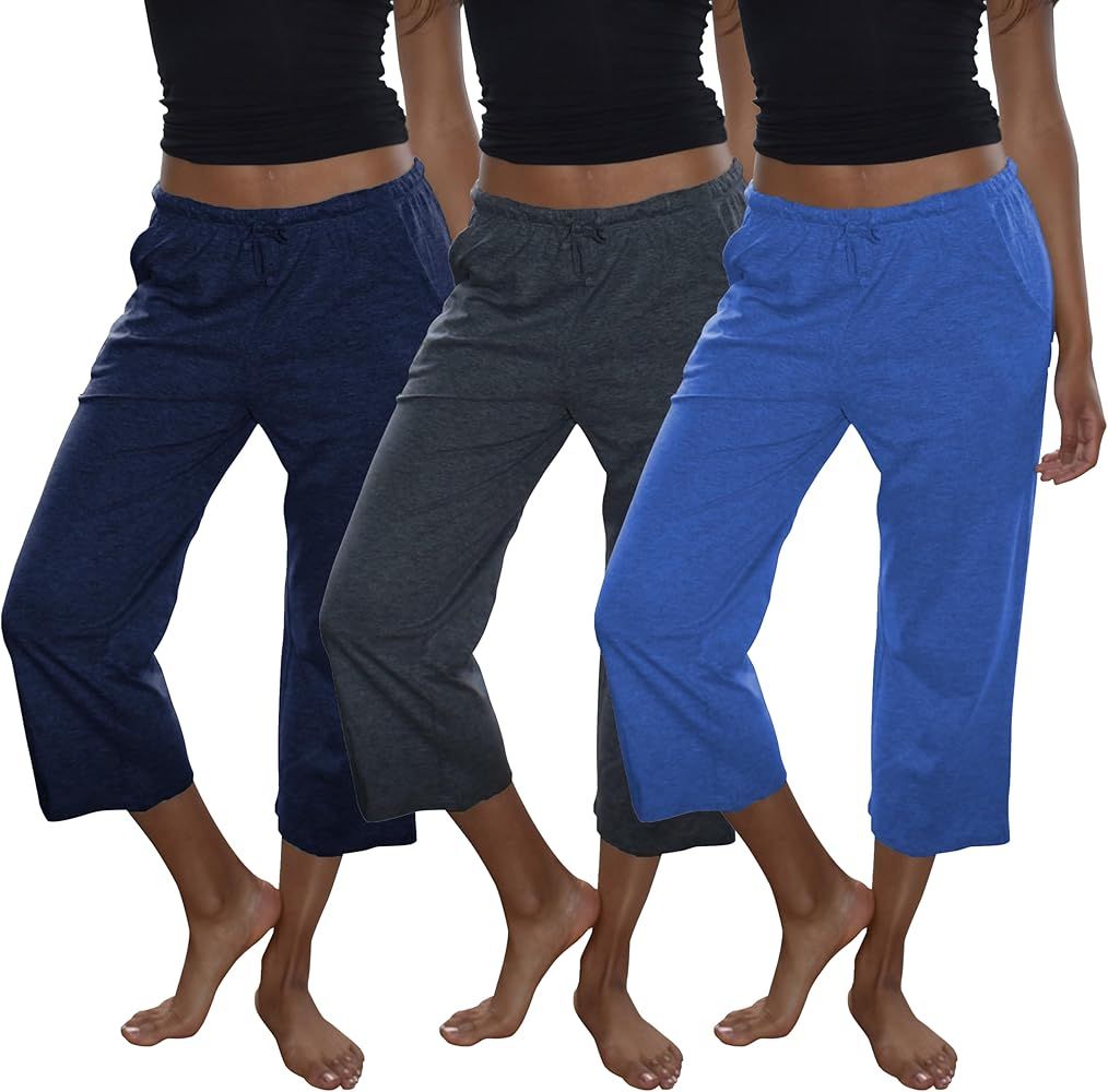 Sexy Basics Women's 3 Pack Cotton Lounge Pants | Sleep -Capri -Yoga Style Drawstring PJ Bottoms | Amazon (US)