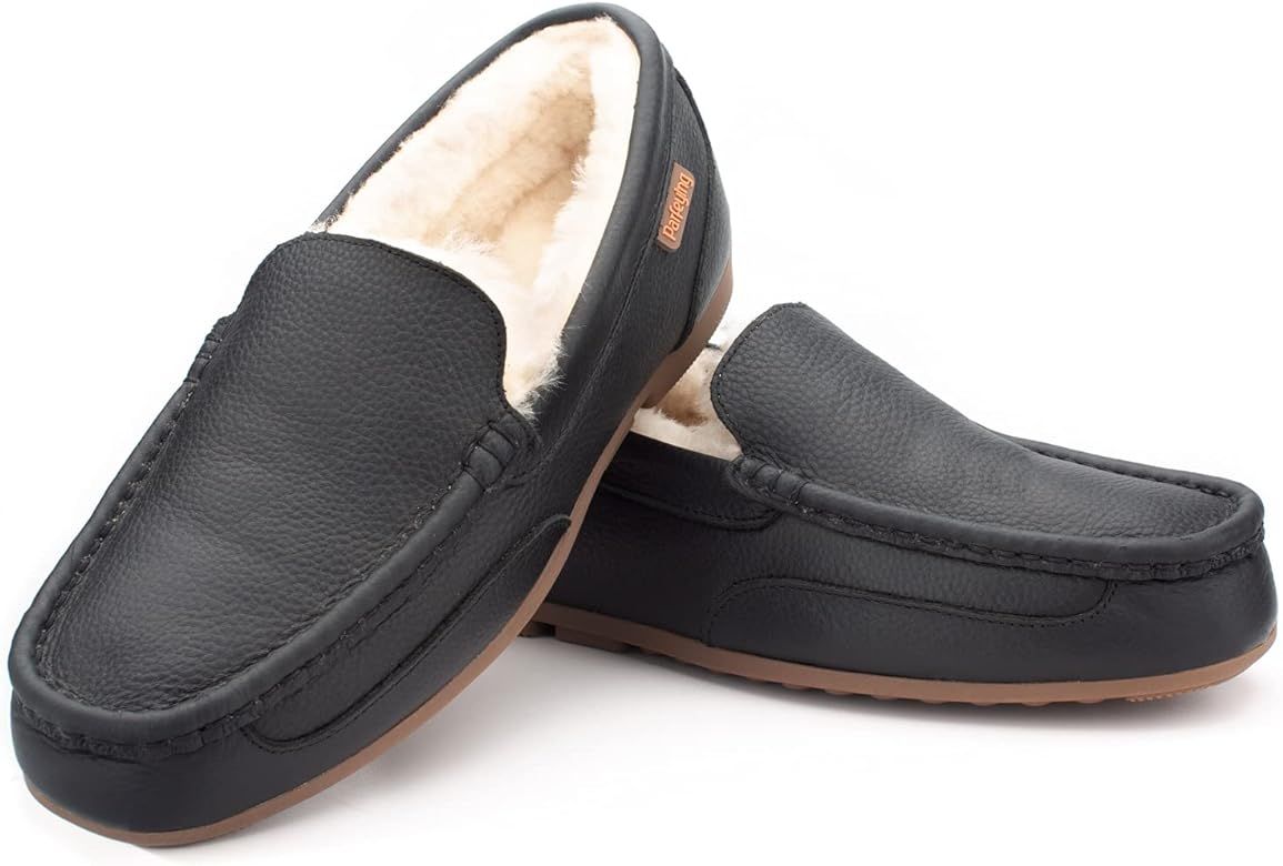 Parfeying Men's Indoor Outdoor Sheepskin Moccasins Slippers Memory Foam Driving Style Shoes | Amazon (US)