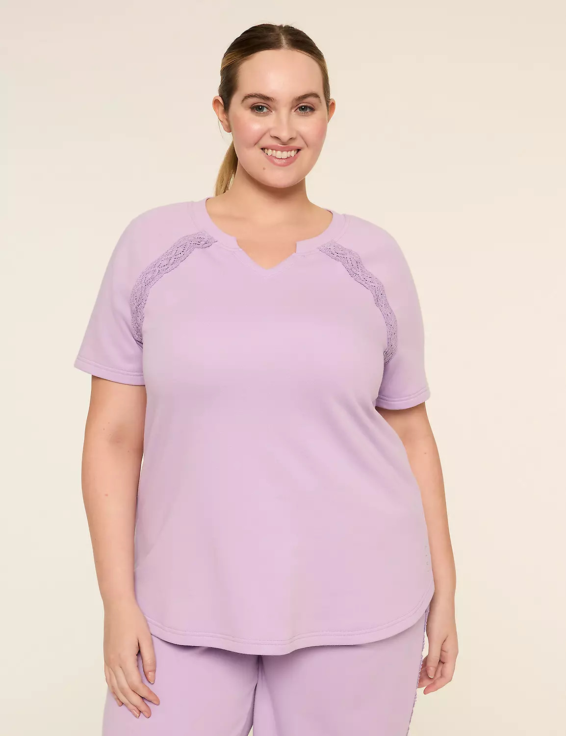 LIVI French Terry Elbow-Sleeve Crochet-Trim Sweatshirt | Lane Bryant (US)